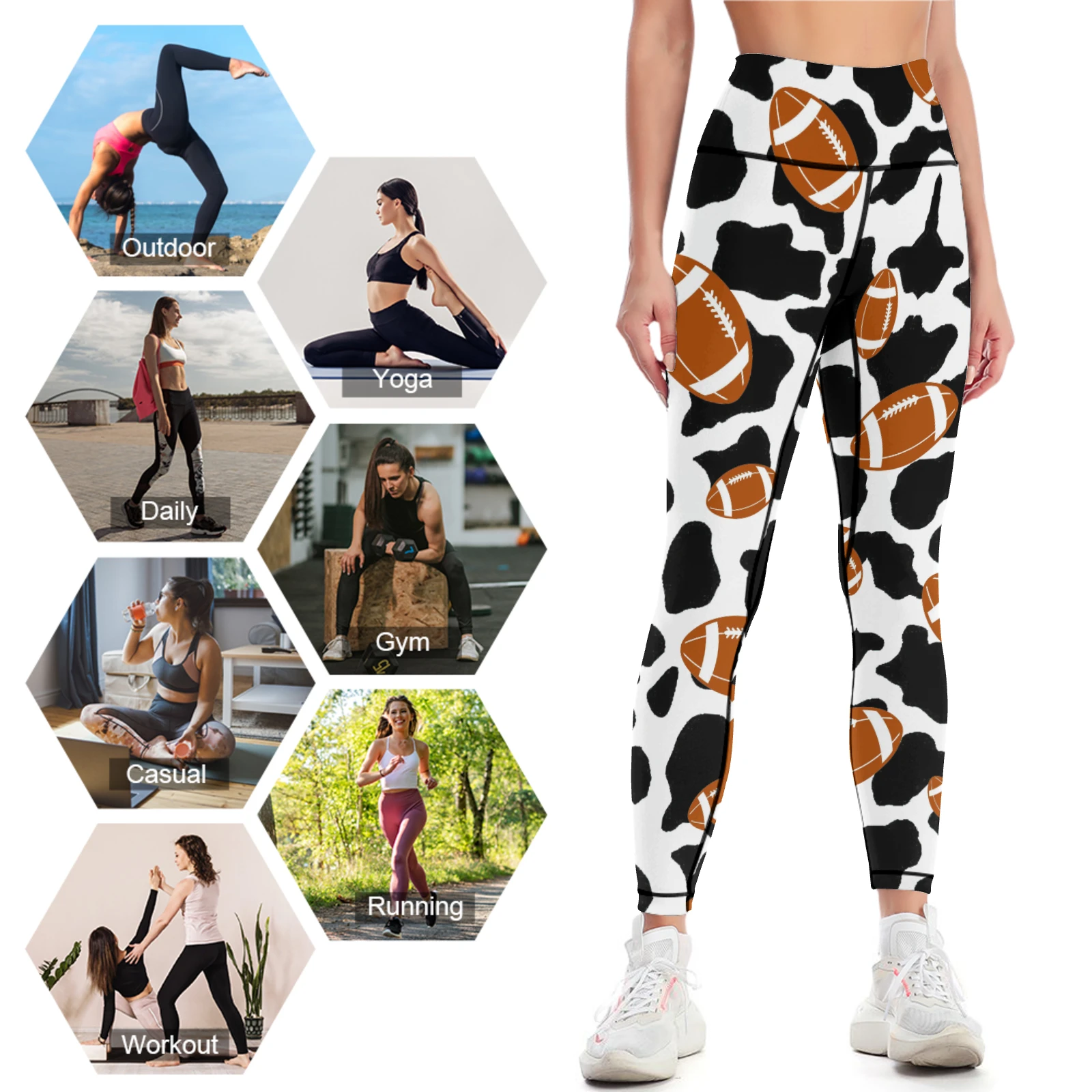 Women's High-Waist Yoga Leggings in Footballs And Cow Spots print – lifestyle collage
