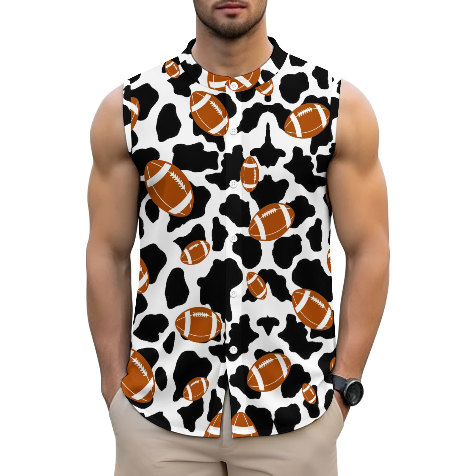 Men's Sleeveless Button-Up Shirt in Footballs And Cow Spots print – front view on model