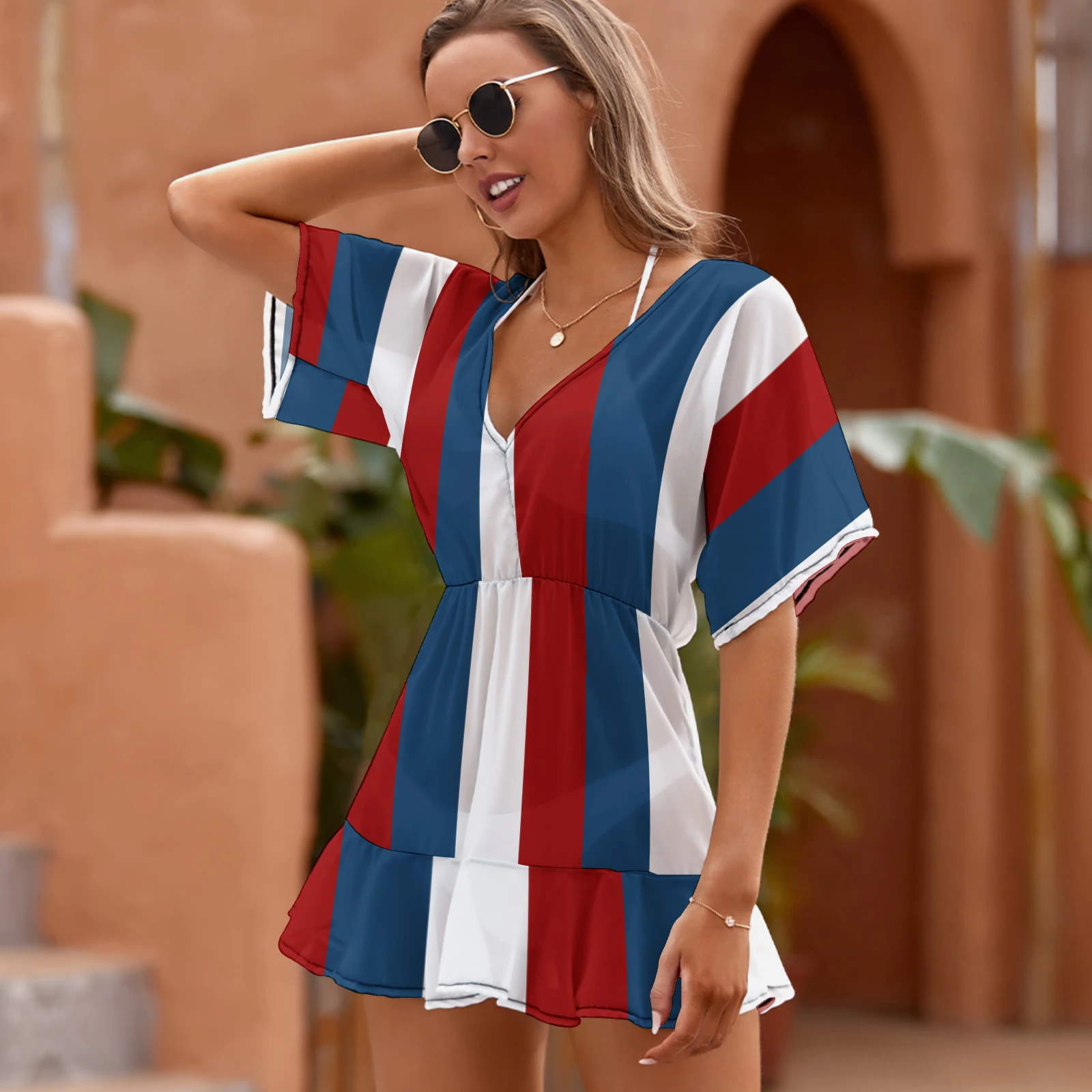 Women's Flutter Sleeve Beach Cover-Up Dress in Tricolor Vertical Stripes print – angled front lifestyle view