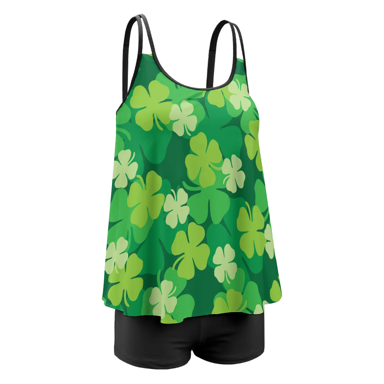 Women's Strappy Flowy Tankini Set in Green Clover Scatter print – three-quarter product view