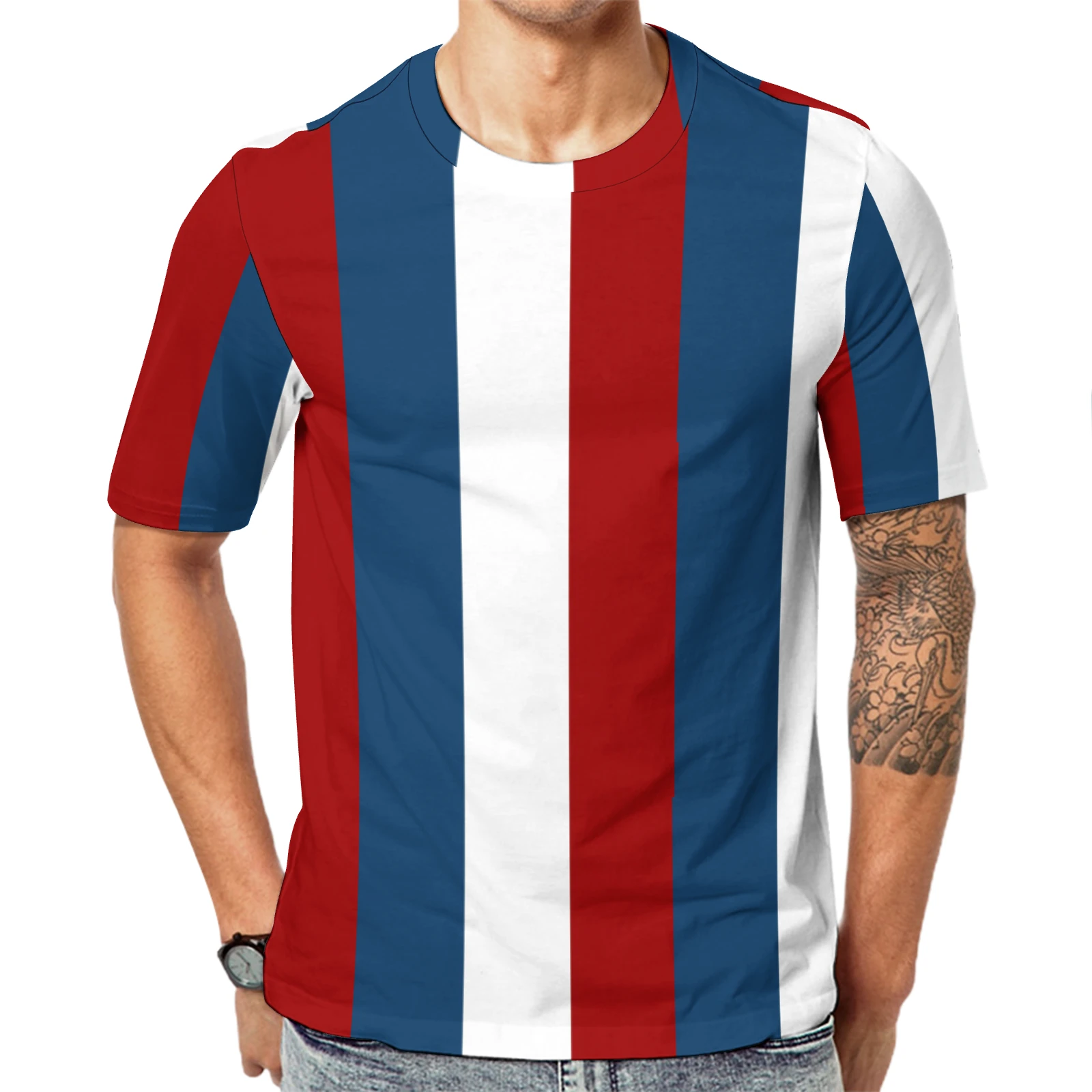 Men's Crew Neck Short Sleeve Tee in Tricolor Vertical Stripes print – front view on model