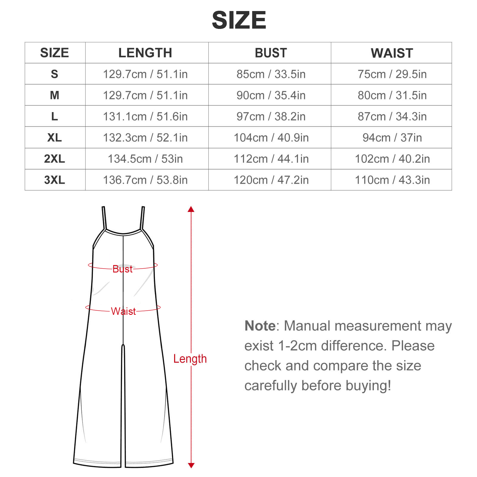 Women's Wide Leg Cami Jumpsuit – size chart