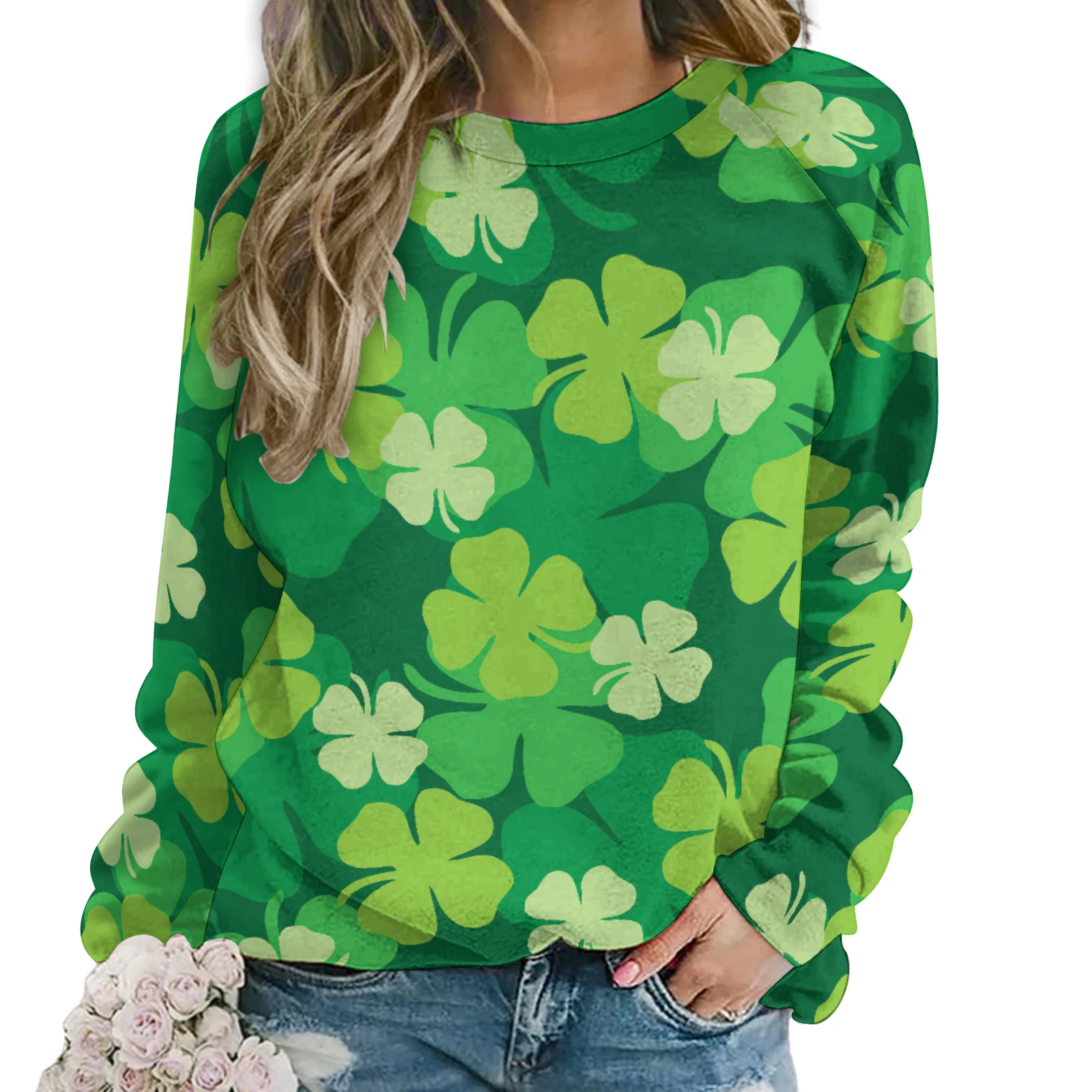 Women's Raglan Crew Neck Sweatshirt in Green Clover Scatter print – front view on model