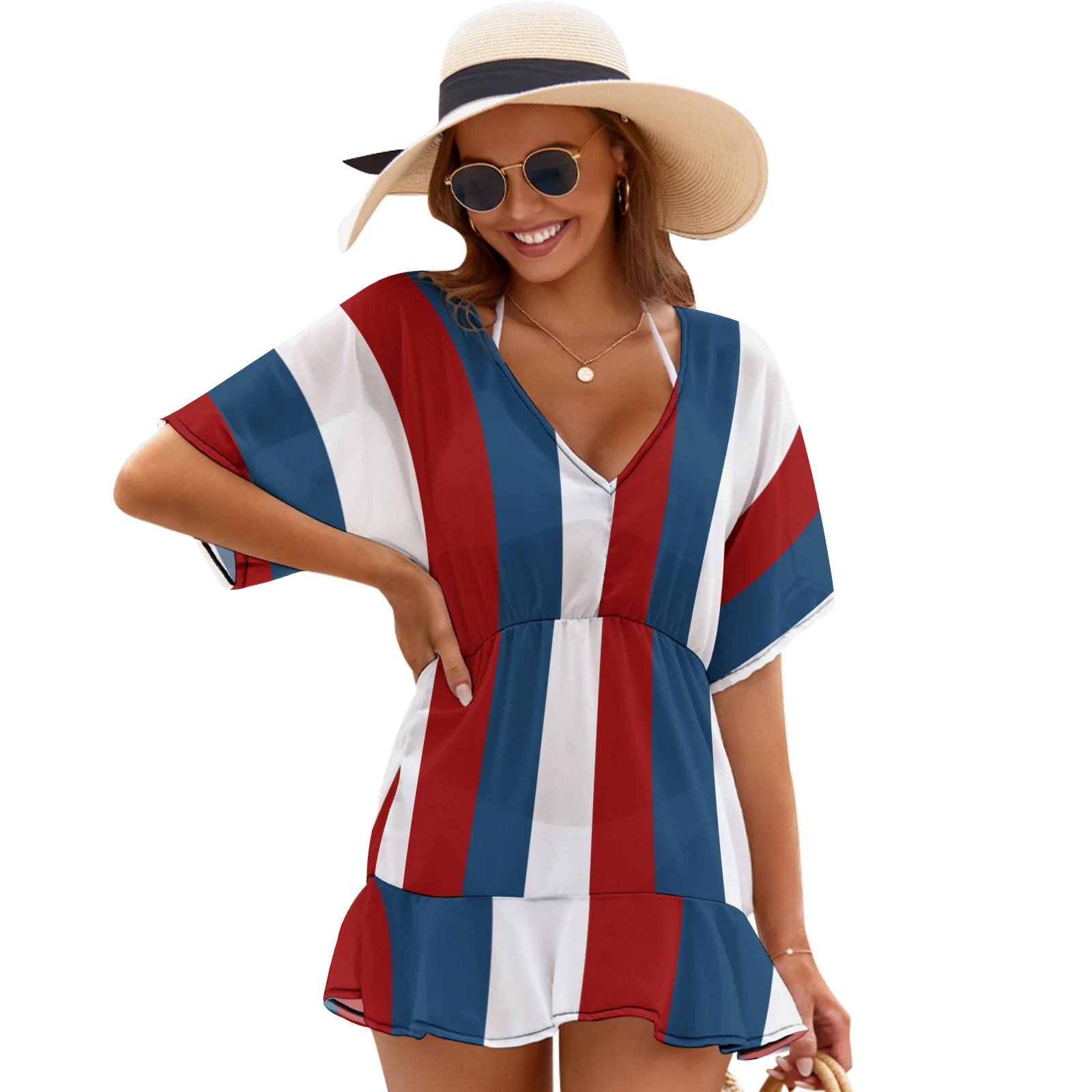 Women's Flutter Sleeve Beach Cover-Up Dress in Tricolor Vertical Stripes print – front view