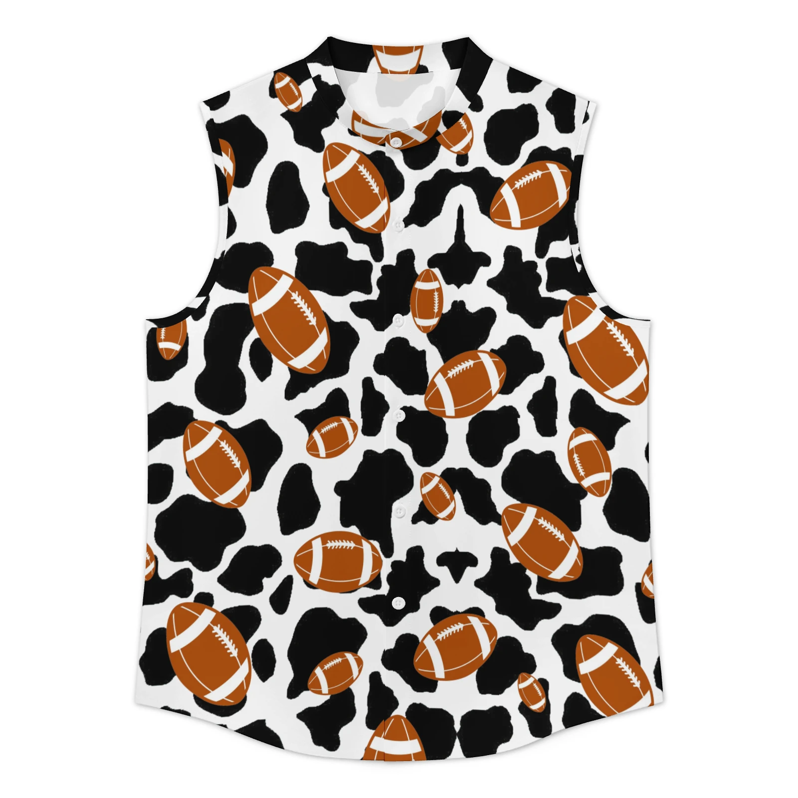 Men's Sleeveless Button-Up Shirt in Footballs And Cow Spots print – flat front view