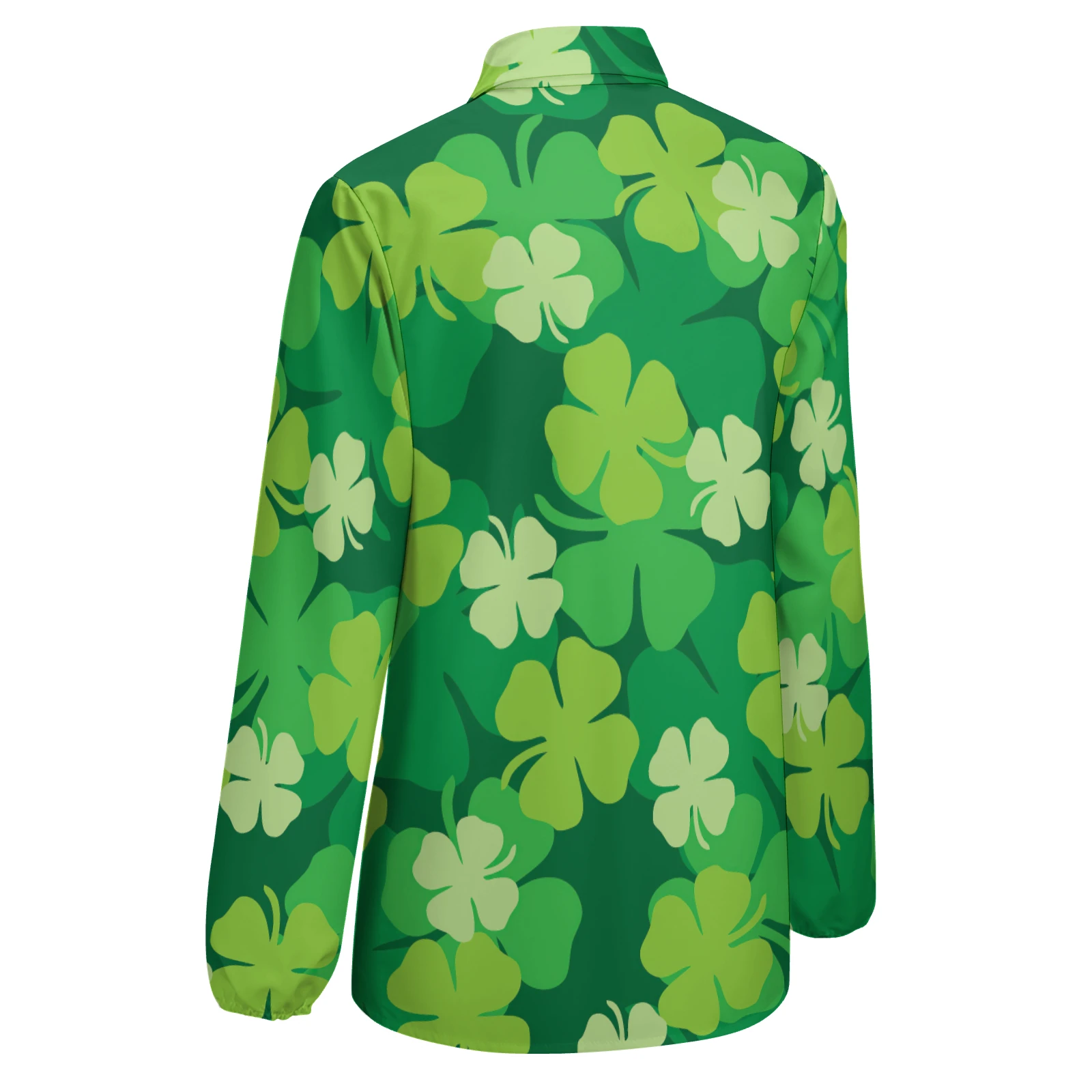 Women's Relaxed Long Sleeve Button-Down Shirt in Green Clover Scatter print – back product view