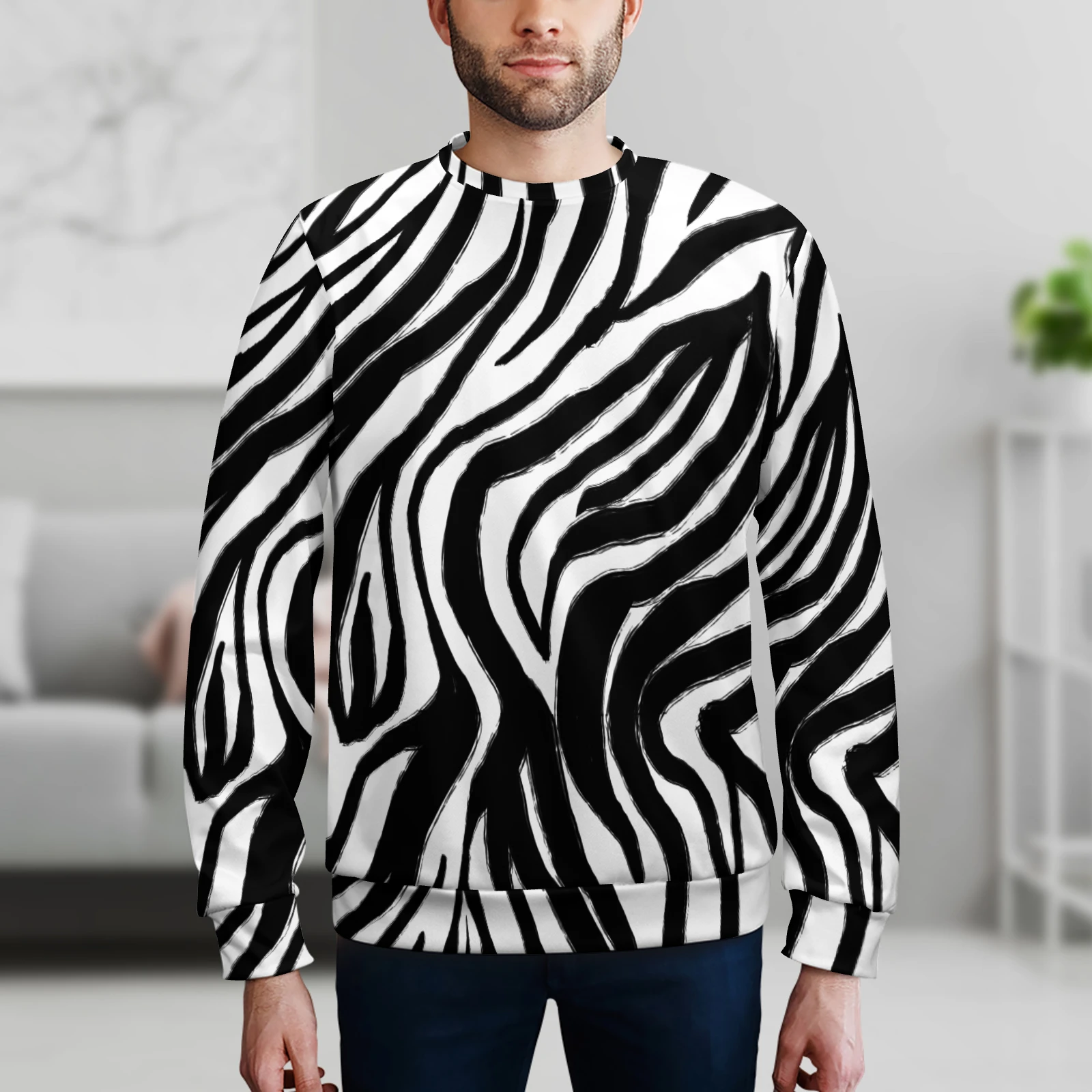 Men's Crew Neck Sweatshirt in Bold Zebra Stripes print – indoor lifestyle shot