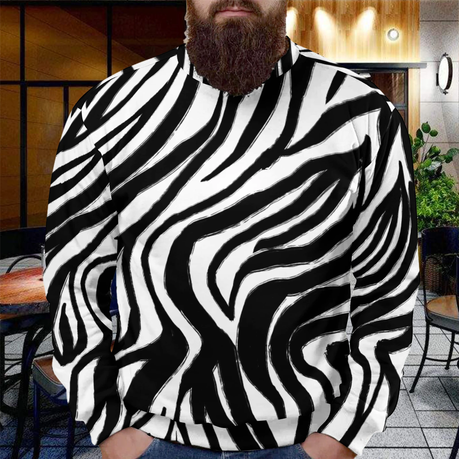 Men's Crew Neck Sweatshirt in Bold Zebra Stripes print – front view on model in an indoor setting