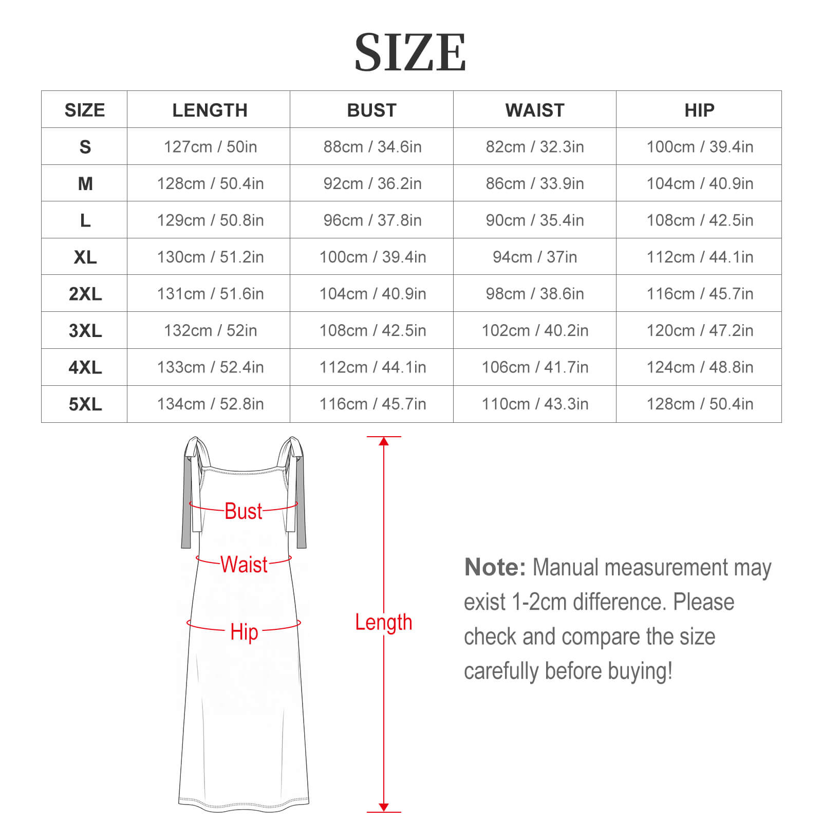 Women's Tie-Shoulder Maxi Dress – size chart
