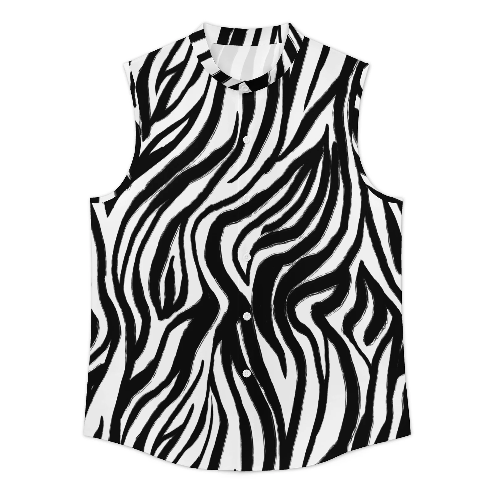 Men's Sleeveless Button-Up Shirt in Bold Zebra Stripes print – flat front view