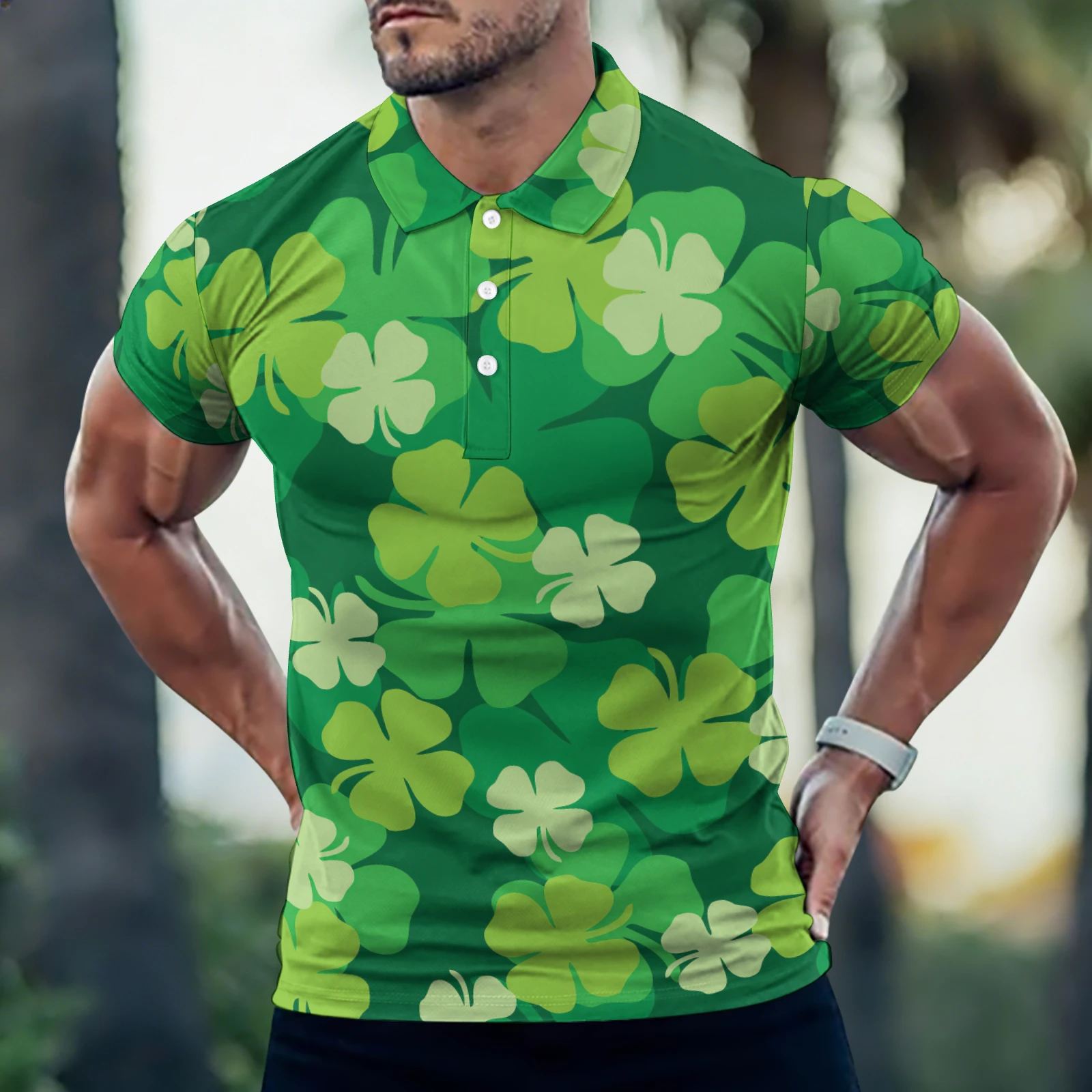 Men's Short Sleeve Polo Shirt in Green Clover Scatter print – outdoor lifestyle shot