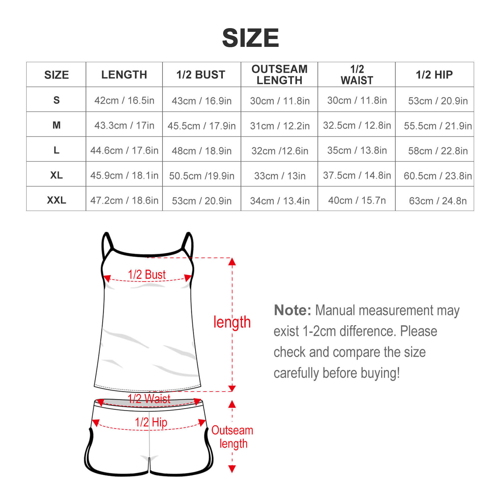 Women's Cami and Shorts Lounge Set – size chart