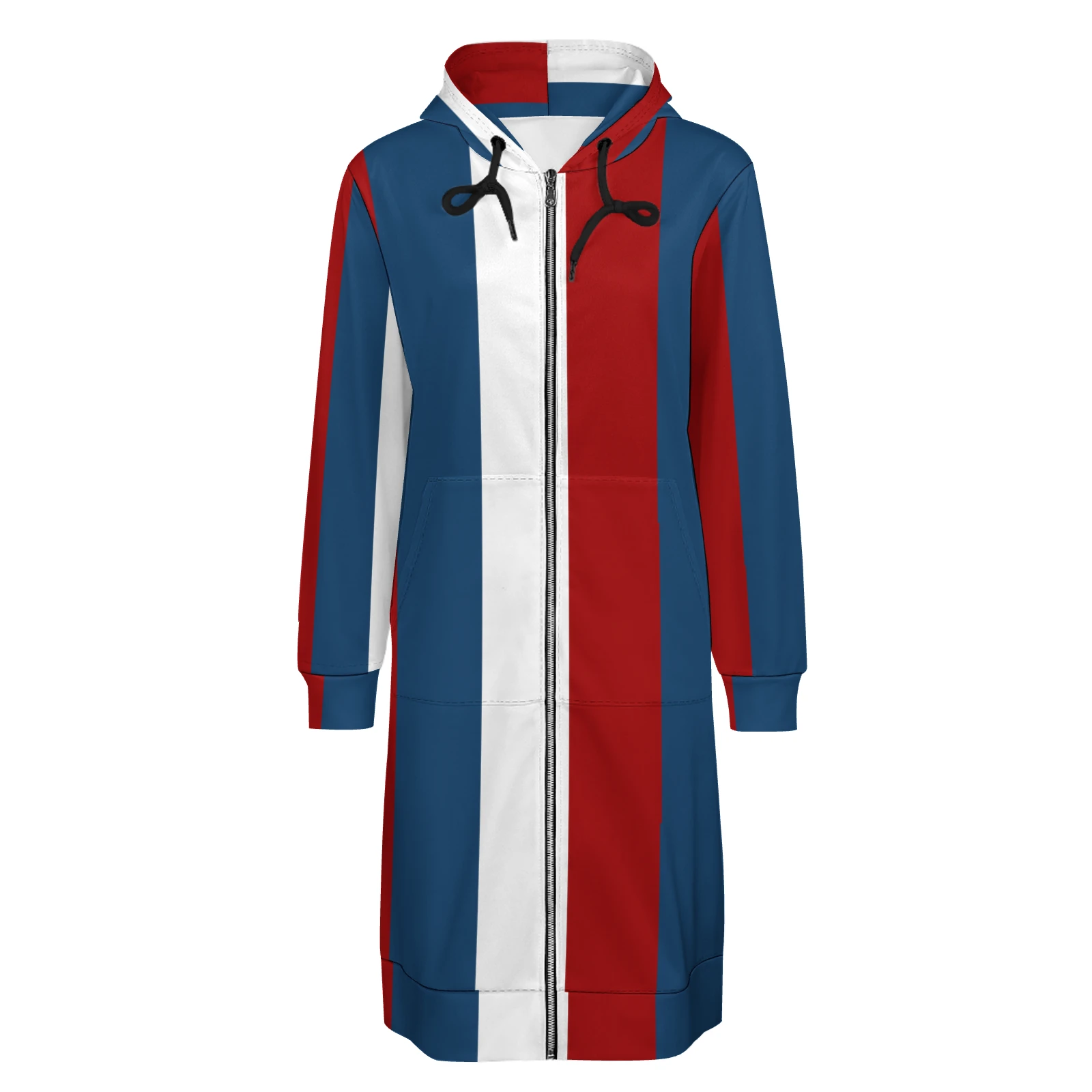 Women's Longline Full Zip Hoodie in Tricolor Vertical Stripes print – front product view