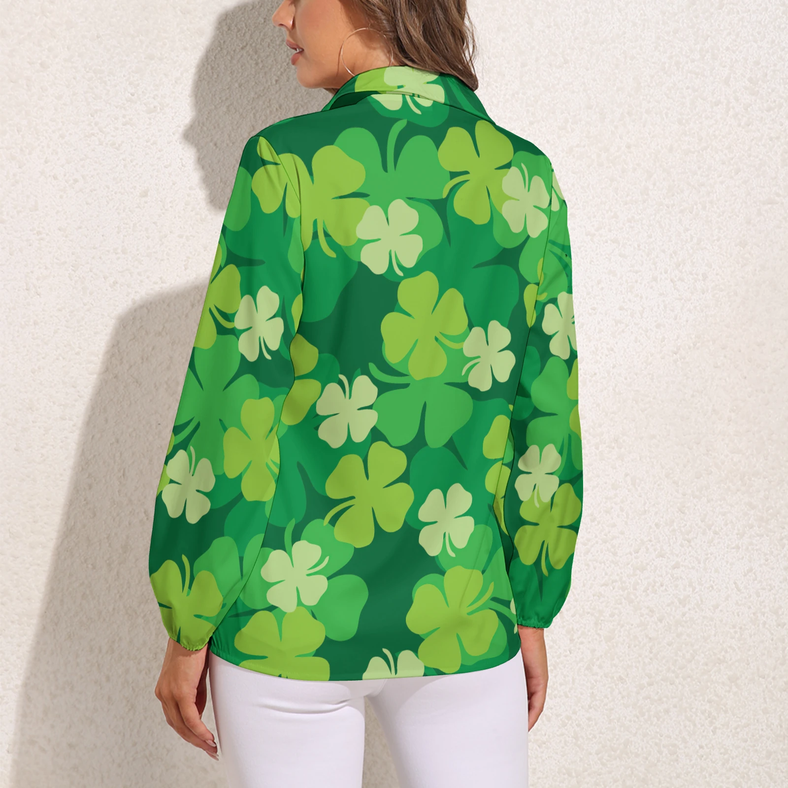 Women's Relaxed Long Sleeve Button-Down Shirt in Green Clover Scatter print – back view on model