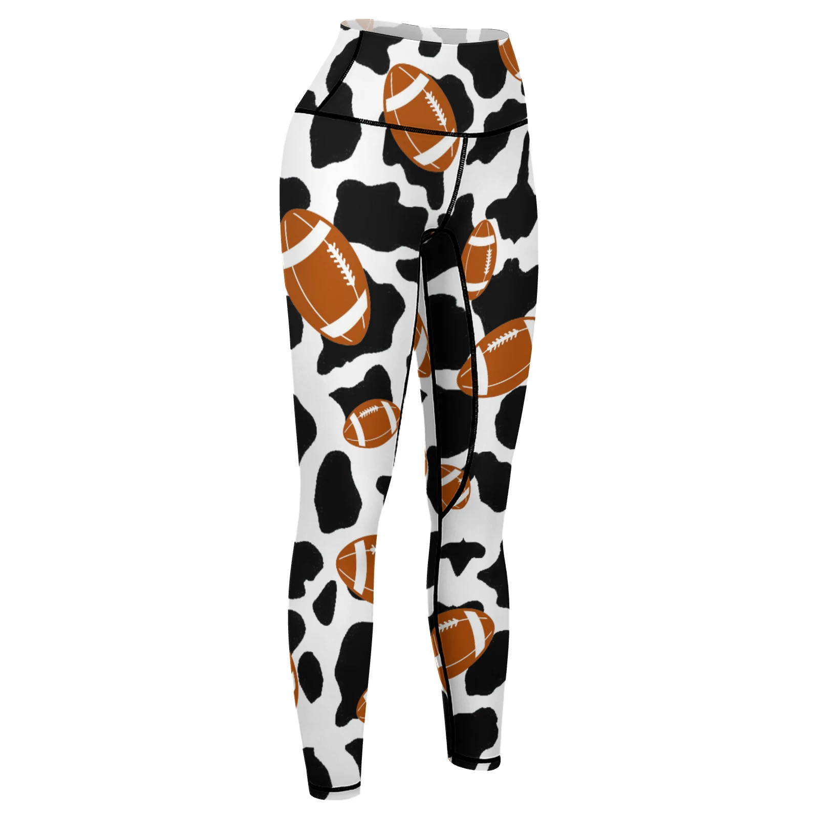 Women's High-Waist Yoga Leggings in Footballs And Cow Spots print – front three-quarter view