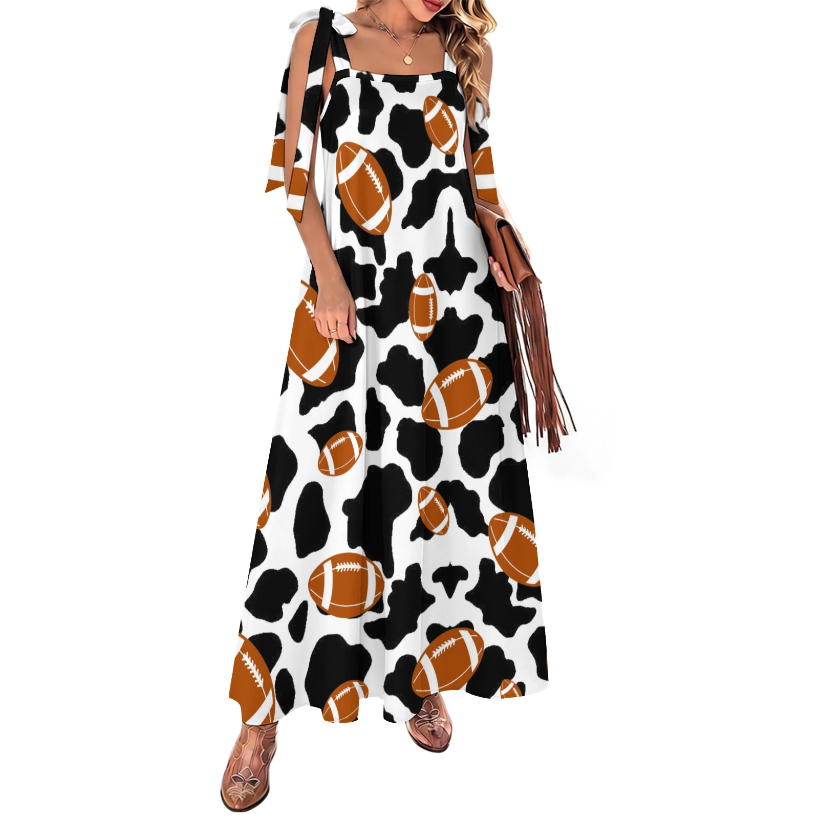 Women's Tie-Shoulder Maxi Dress in Footballs And Cow Spots print – front view on model