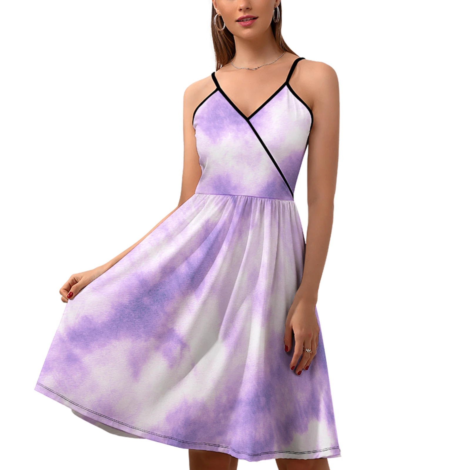 Women's V-Neck Cami Skater Dress in Lavender Tie-Dye print – front view on model showing the flared skirt