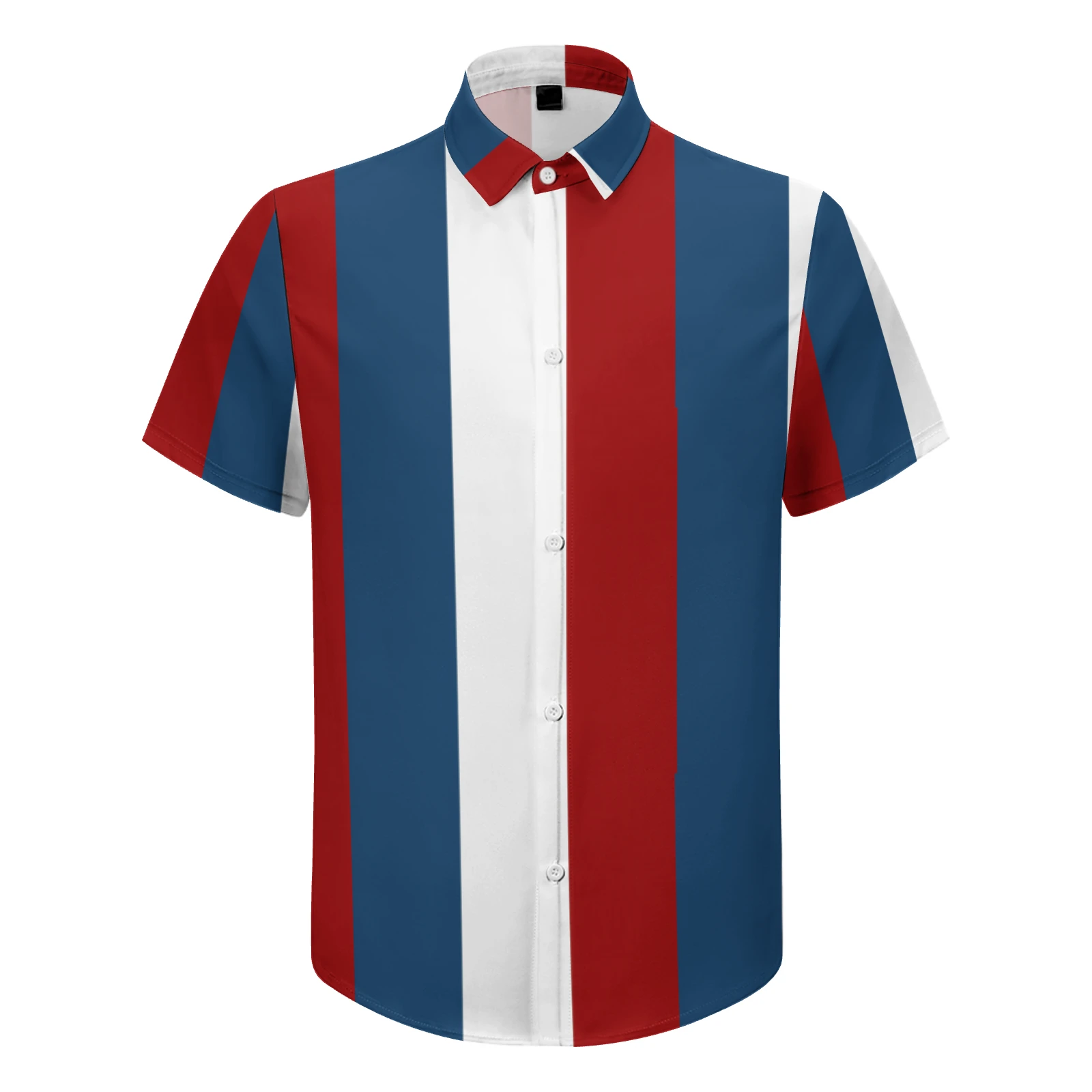 Men's Short Sleeve Button-Up Shirt in Tricolor Vertical Stripes print – front view