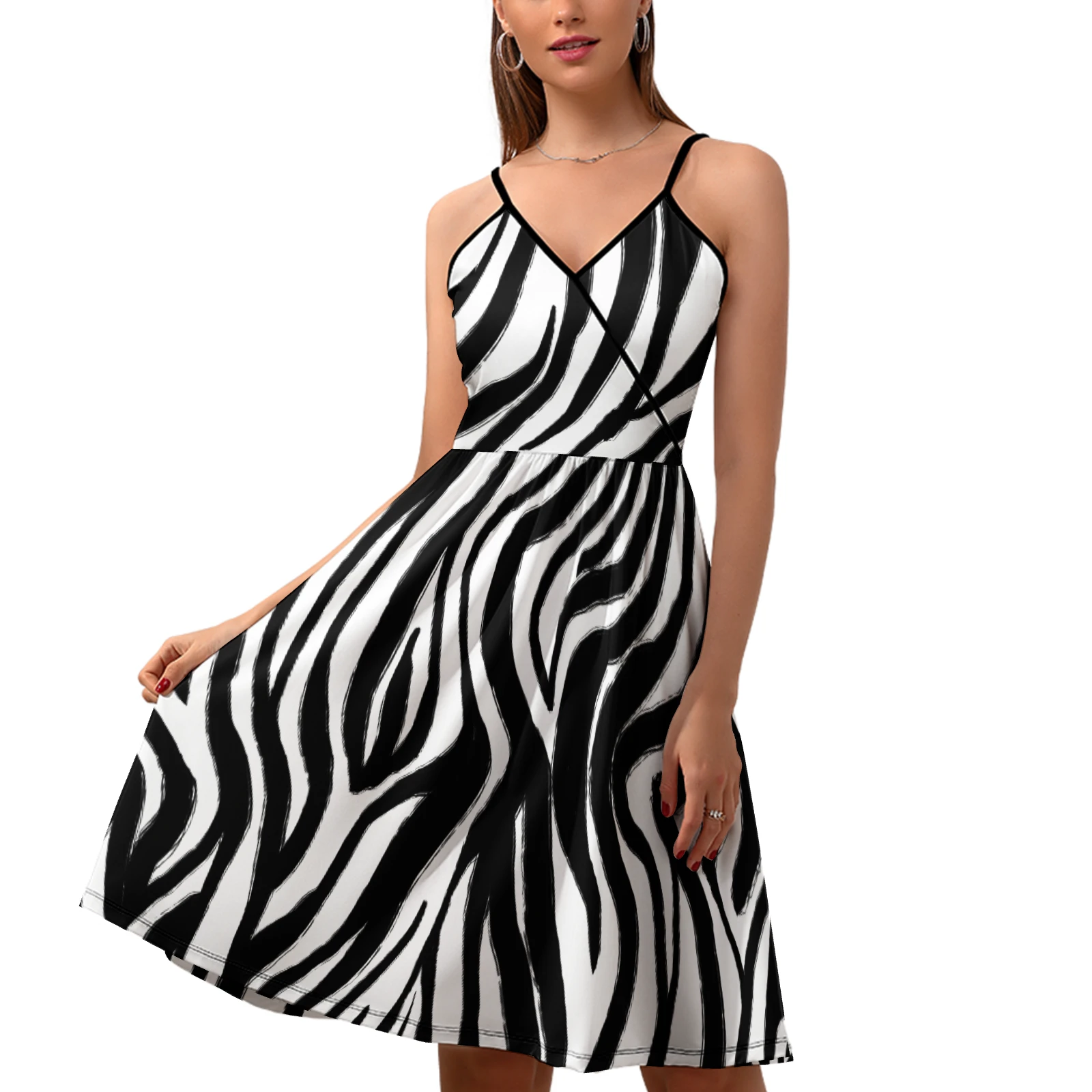 Women's V-Neck Cami Skater Dress in Bold Zebra Stripes print – front skirt extended