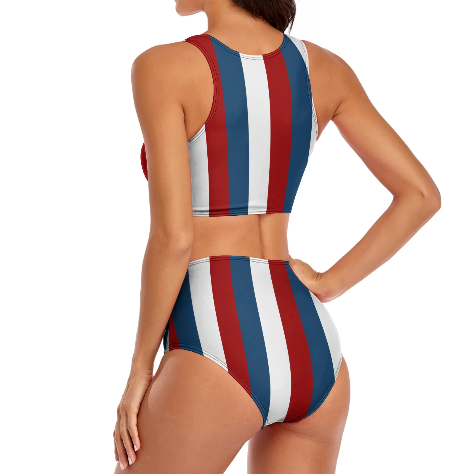 Women's Sporty High-Neck High-Waist Bikini Set in Tricolor Vertical Stripes print – three-quarter back view