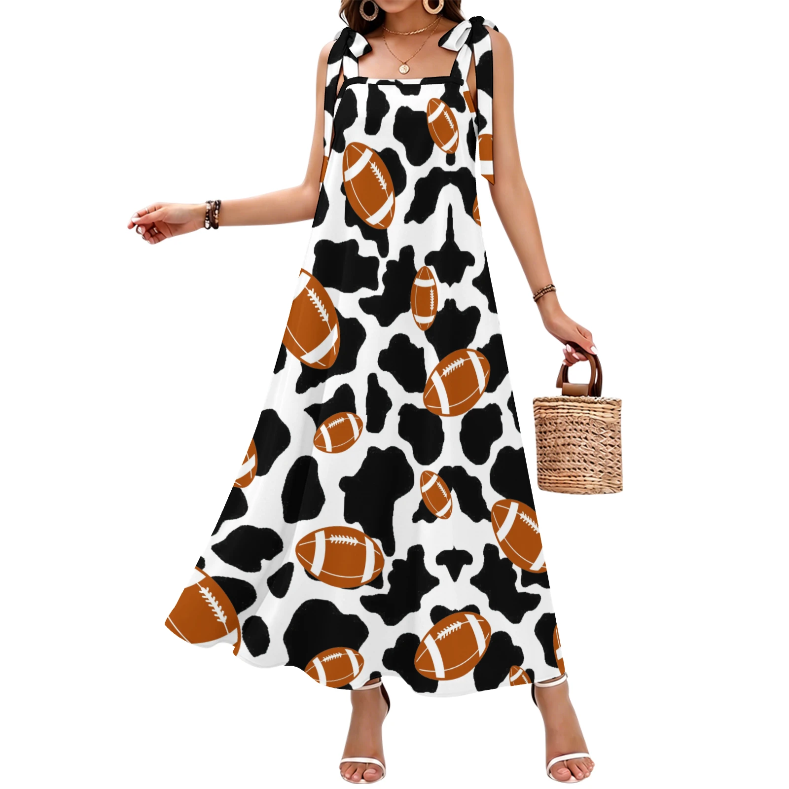 Women's Tie-Shoulder Maxi Dress in Footballs And Cow Spots print – front view with handbag