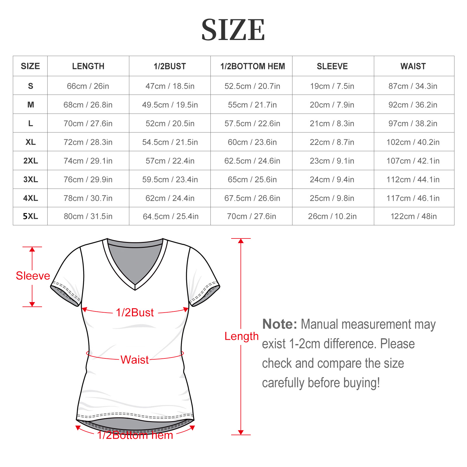 Women's V-Neck Short Sleeve Tee – size chart