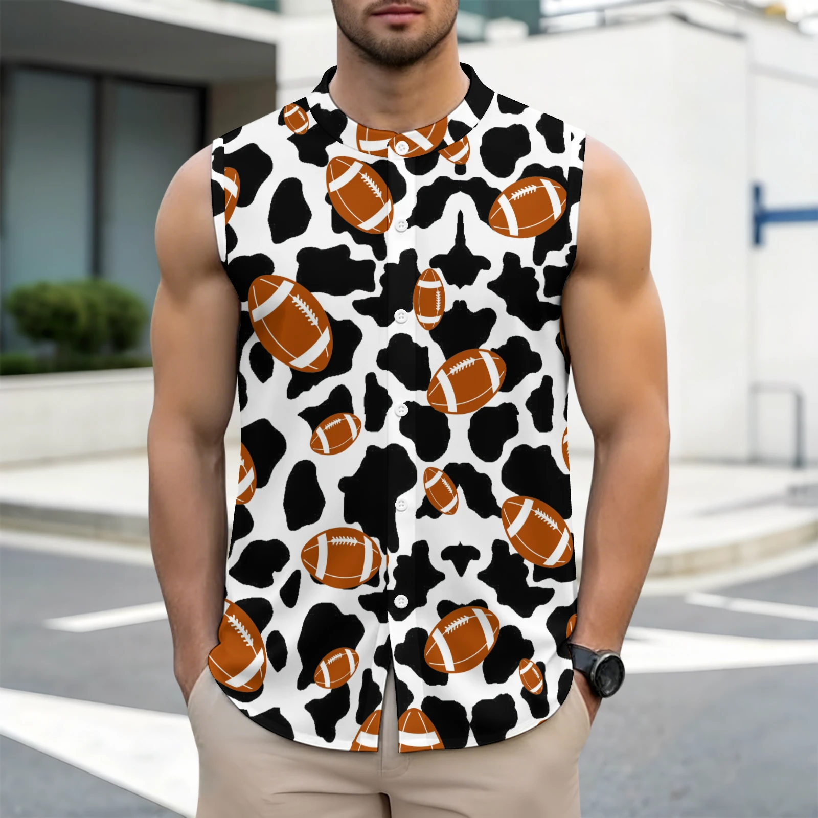 Men's Sleeveless Button-Up Shirt in Footballs And Cow Spots print – outdoor lifestyle shot