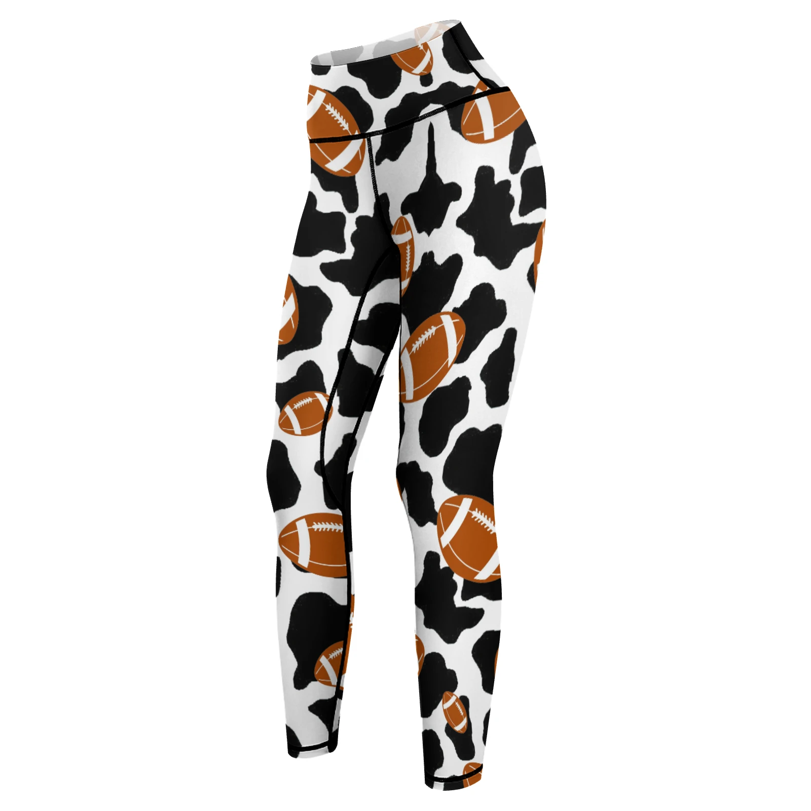 Women's High-Waist Yoga Leggings in Footballs And Cow Spots print – angled front view