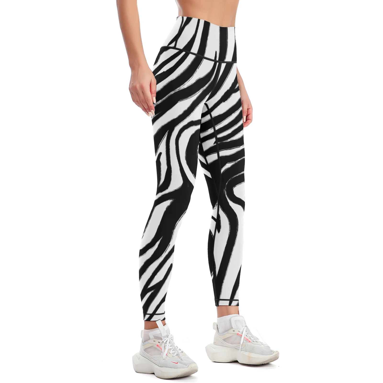 Women's High-Waist Yoga Leggings in Bold Zebra Stripes print – front three-quarter view