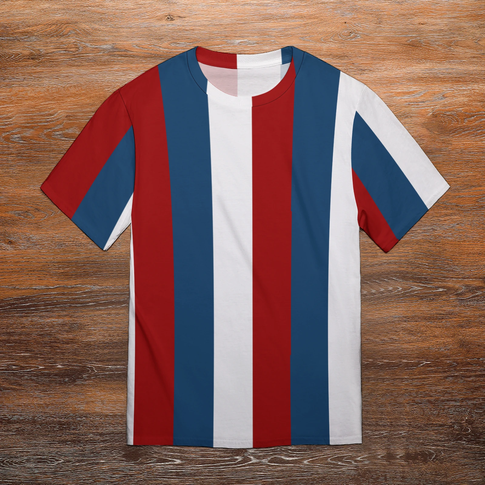Men's Crew Neck Short Sleeve Tee in Tricolor Vertical Stripes print – front flat lay