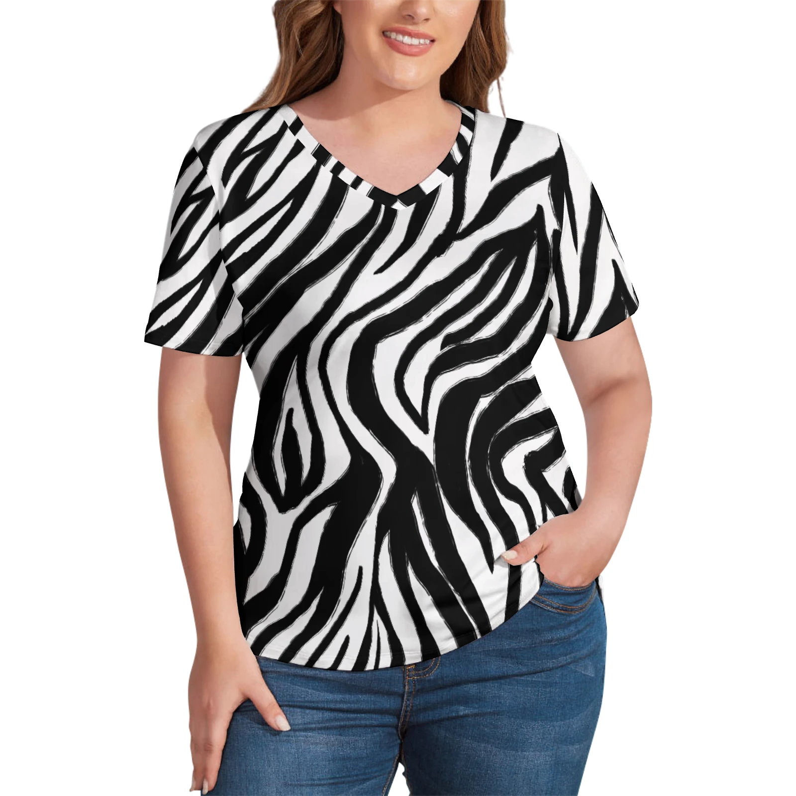 Women's V-Neck Short Sleeve Tee in Bold Zebra Stripes print – front view on model