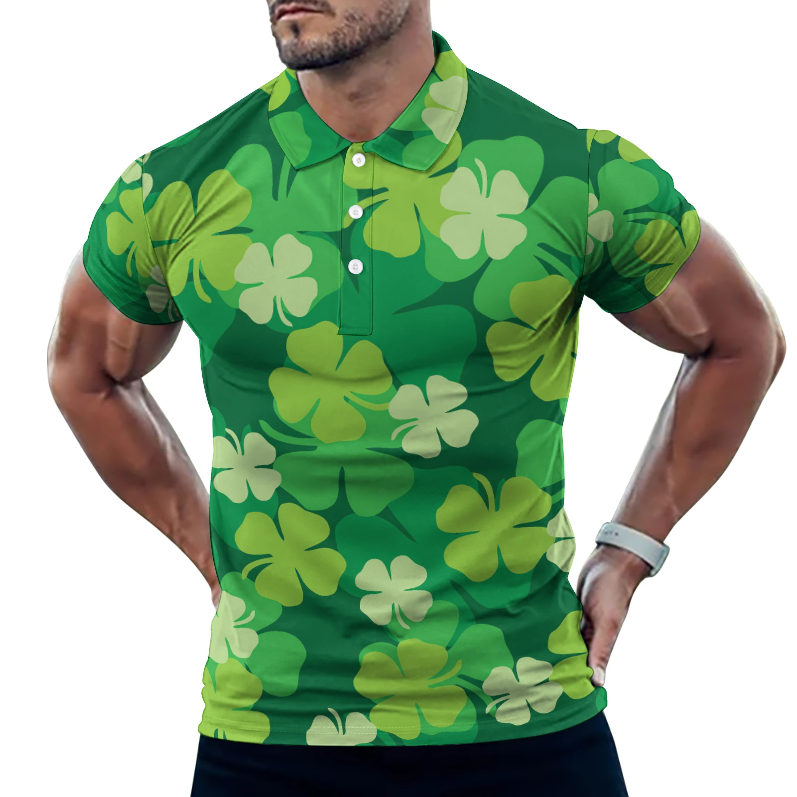 Men's Short Sleeve Polo Shirt in Green Clover Scatter print – front view on model